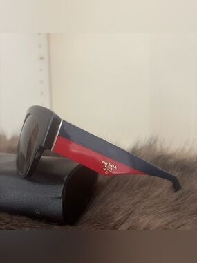 Prada Black Women’s Sunglasses with Gold Logo, Navy Blue & Red Frames